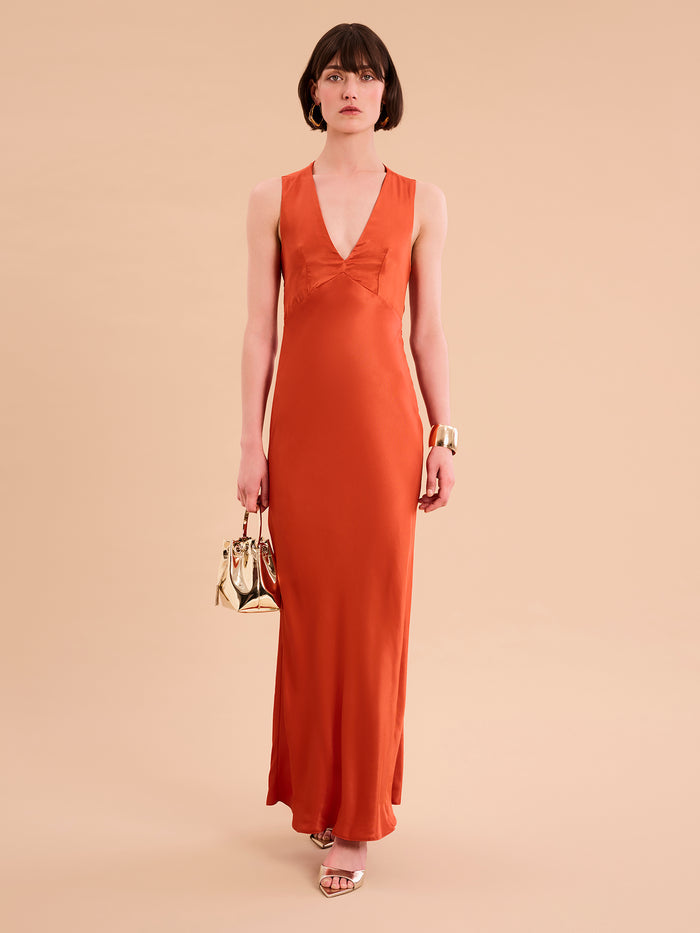 v neck maxi dress in burnt orange