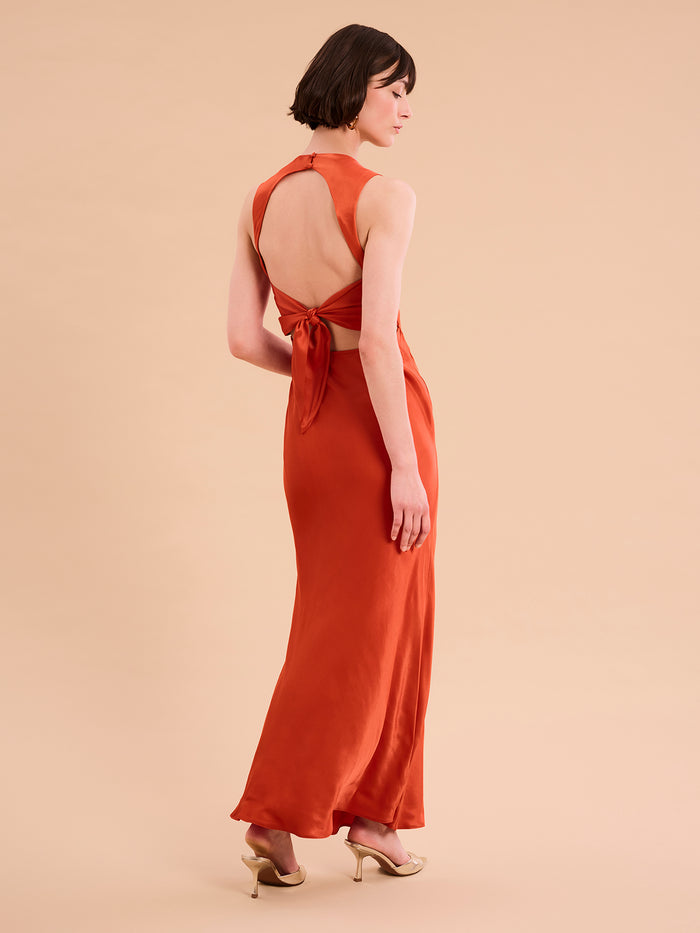 v neck maxi dress with tie back detail in burnt orange