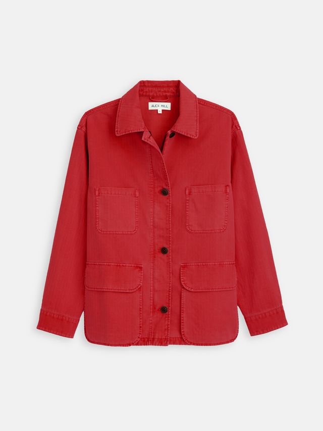 Painter Jacket In Herringbone: A red, durable cotton jacket with a collar and four front pockets, featuring an oversized fit and shown against a plain white background.