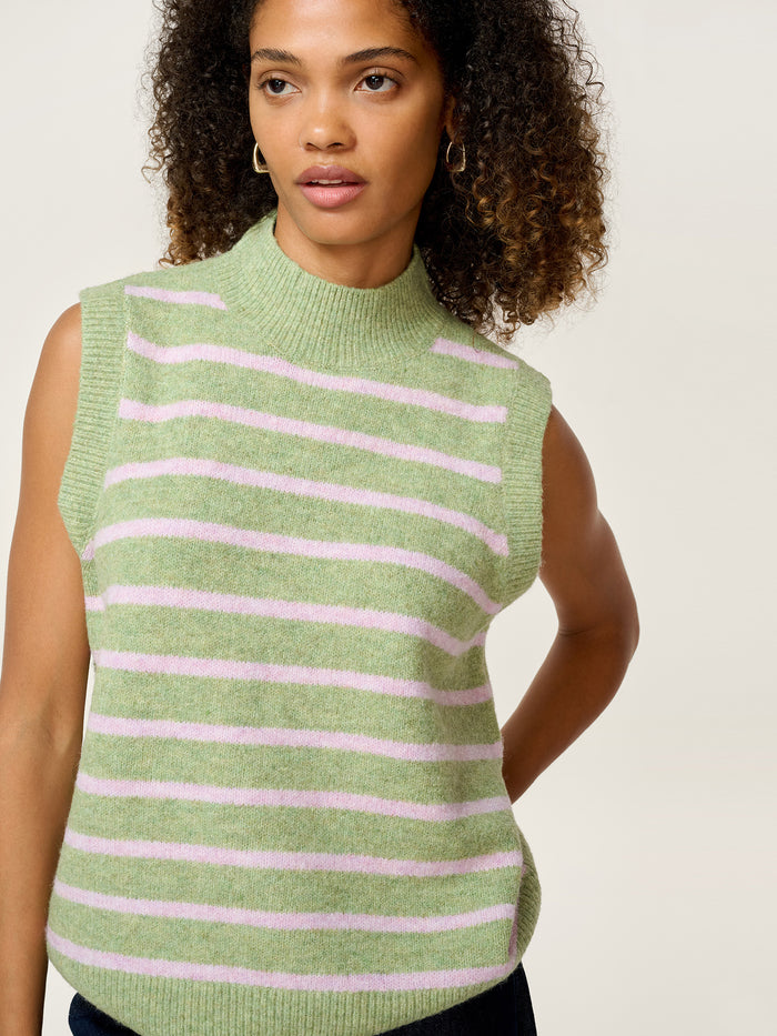 Pauli Funnel Neck Stripe Vest in Green and Pink
