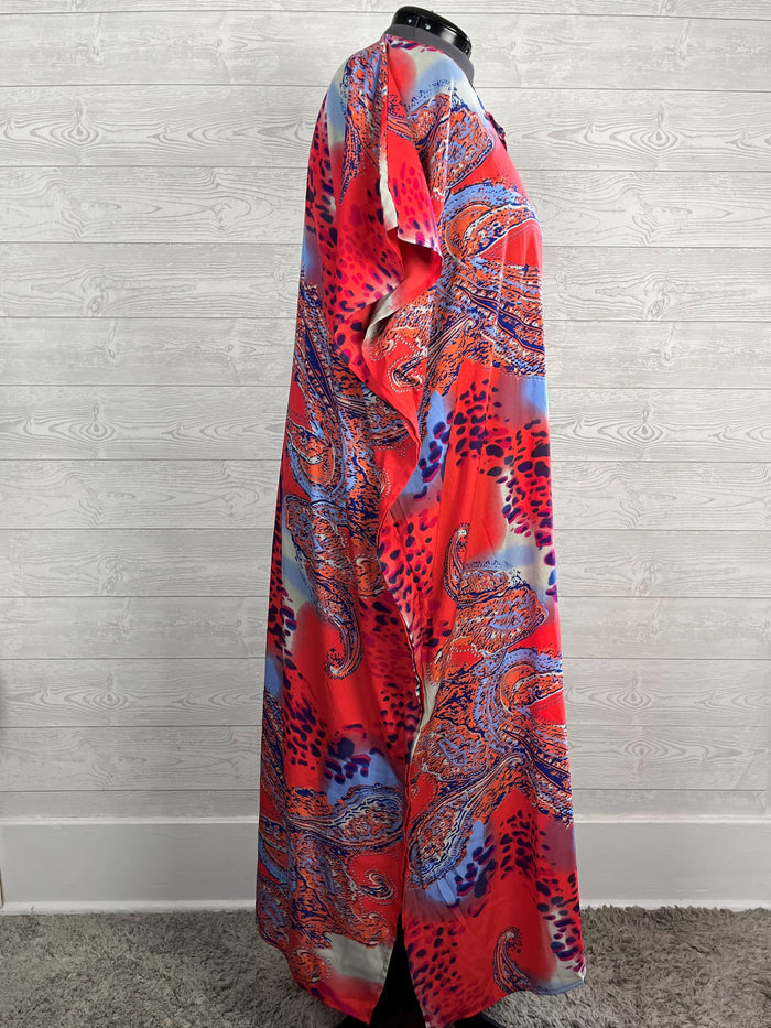 Phases Size Open Coral & Purple Abstract Paisley Caftan NWT