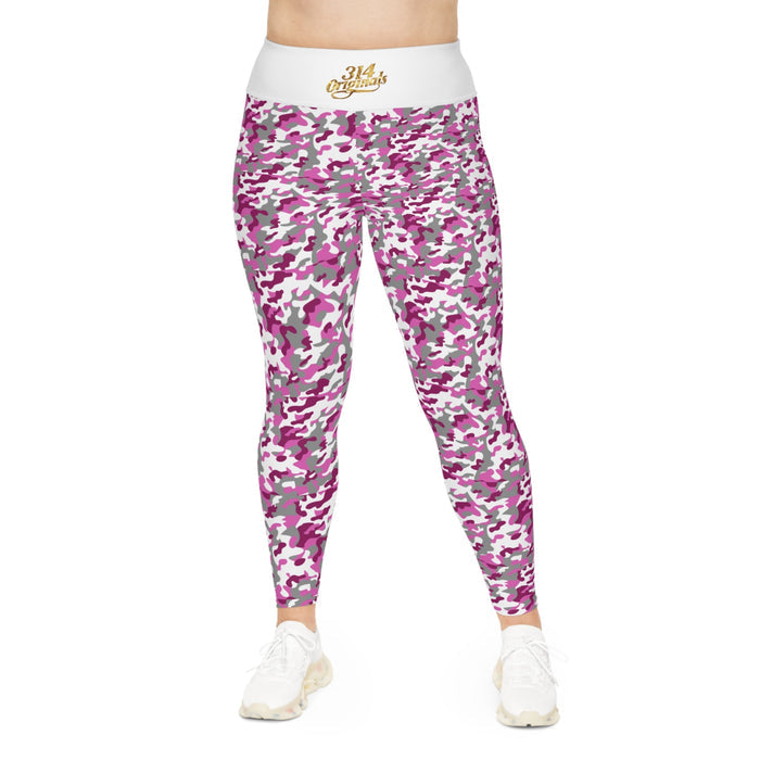 Pink Camo Plus Size Leggings — Subtle Side Script Graphic, Comfortable Everyday Activewear - 314 Originals