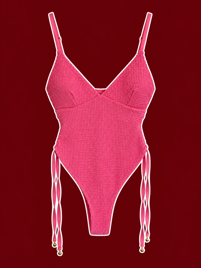 Pink Textured Ruched One-Piece Swimsuit