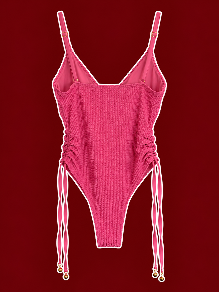 Pink Textured Ruched One-Piece Swimsuit