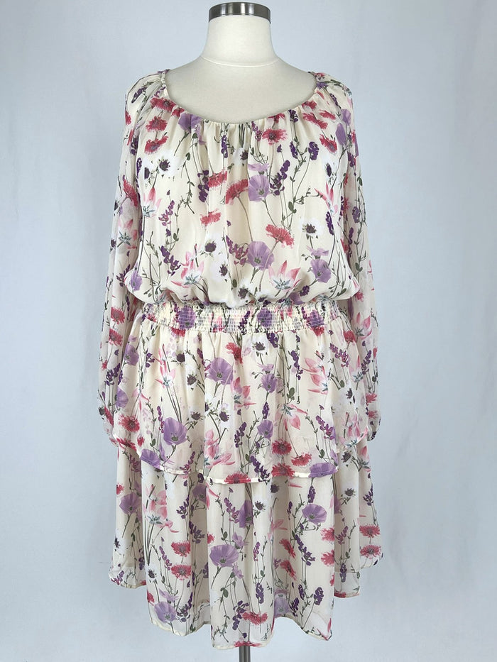 Pleione Size 3XL (24) Cream & Pink Floral Flounce Dress
