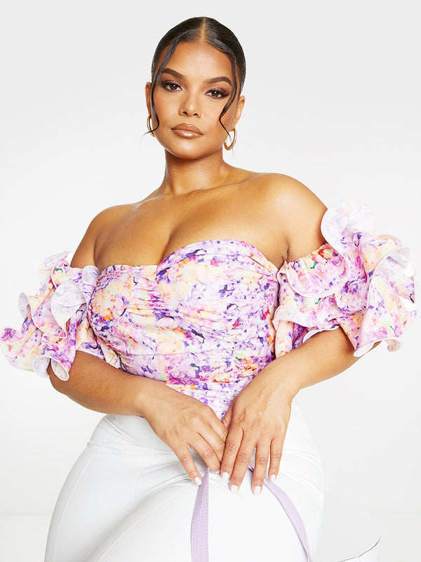 Pretty Little Things Size 20 Lavender & Yellow Ruffled Floral Crop Top