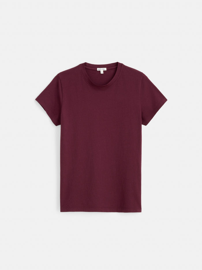 The Prospect Tee In Cotton Jersey, shown in maroon on a white background, features short sleeves and a plain design. Made in Peru from 100% cotton and garment-dyed for a rich finish, this comfortable tee offers everyday style.