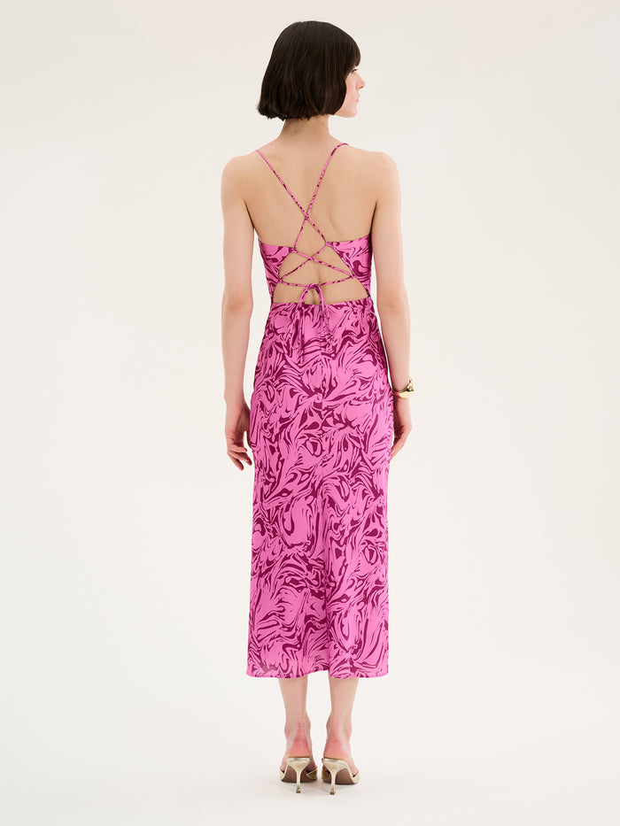 Pink printed midi length strappy slip dress with crossover tie detail back