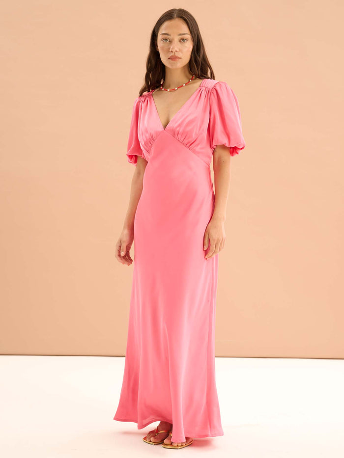Rosie Ruched Puff Sleeve Dress in Hot Pink