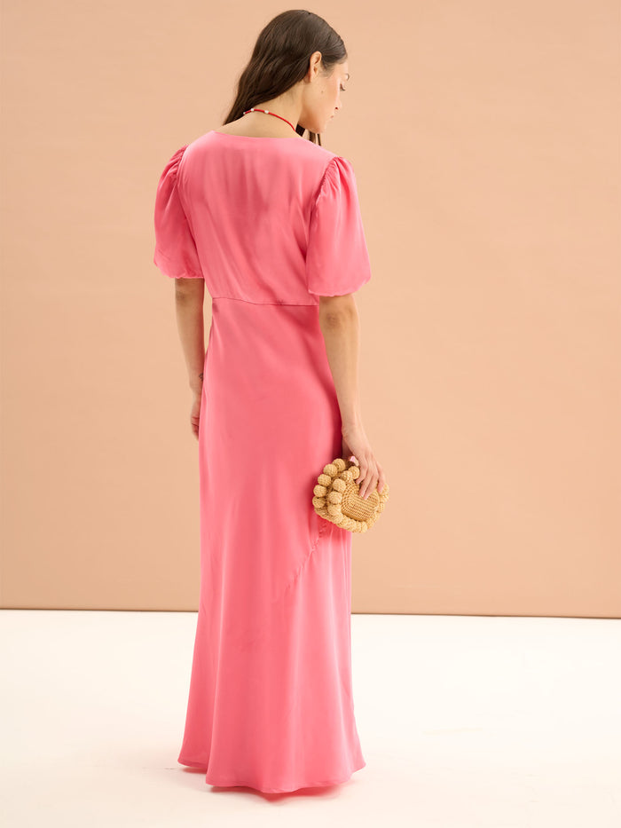 Rosie Ruched Puff Sleeve Dress in Hot Pink