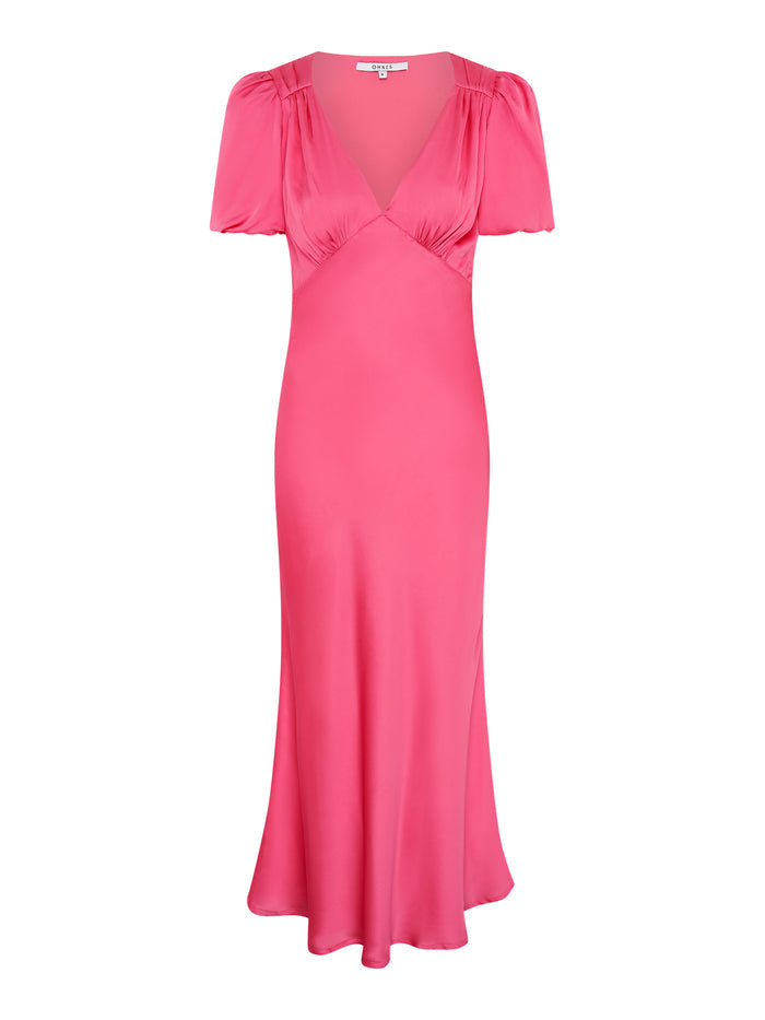 Rosie Ruched Puff Sleeve Dress in Hot Pink