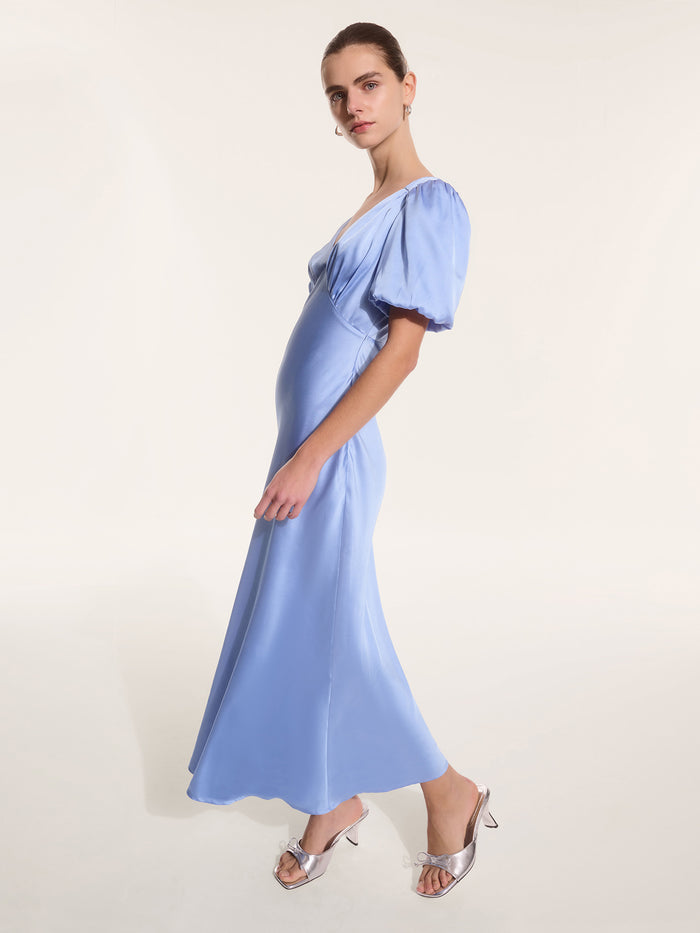 Rosie Ruched Puff Sleeve Dress in Light Blue