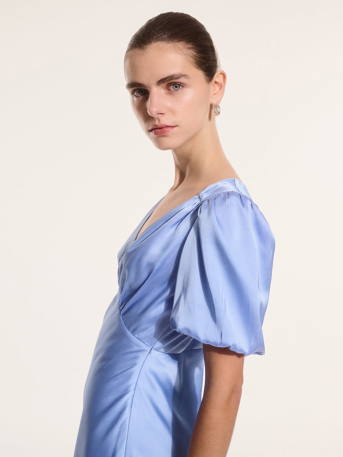 Rosie Ruched Puff Sleeve Dress in Light Blue