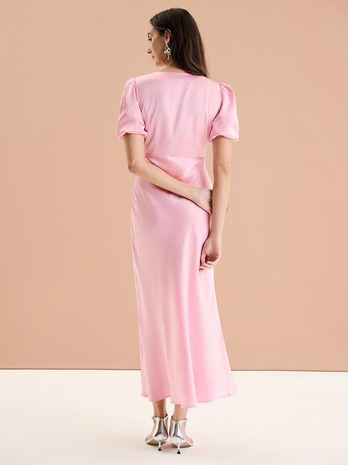 Rosie Ruched Puff Sleeve Dress in Pink