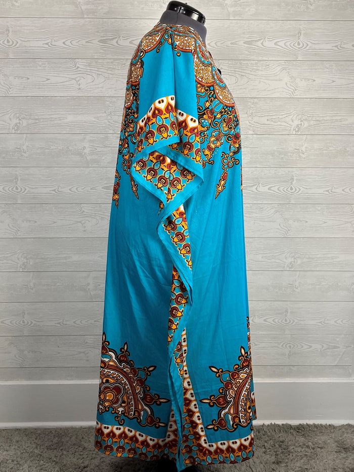 Santé Size Open Teal & Gold African Caftan NWT