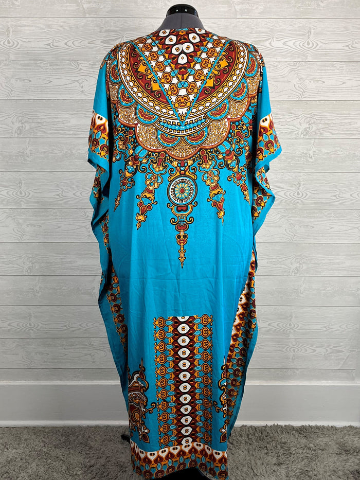 Santé Size Open Teal & Gold African Caftan NWT