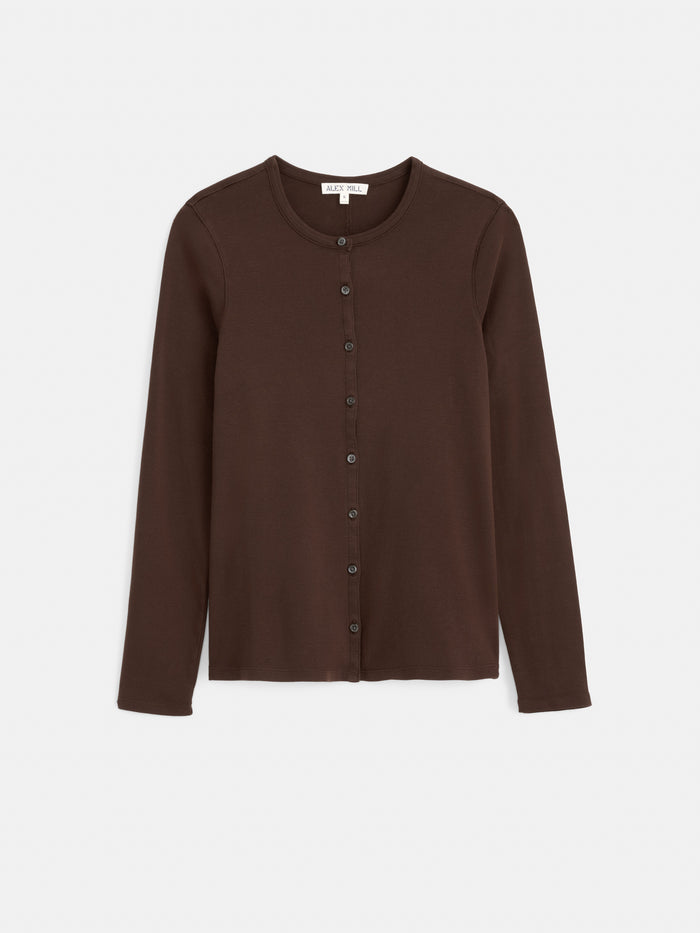 The Scout Cardigan in Cotton Rib, shown flat on a white background, features a brown hue, long sleeves, a button-up front, and a round neckline. It is crafted from soft cotton rib and garment-dyed for a rich color.