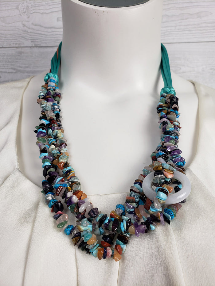 Stone Beaded Multi-Strand w/ Satin Cord Necklace