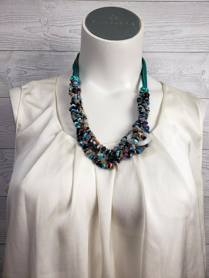 Stone Beaded Multi-Strand w/ Satin Cord Necklace