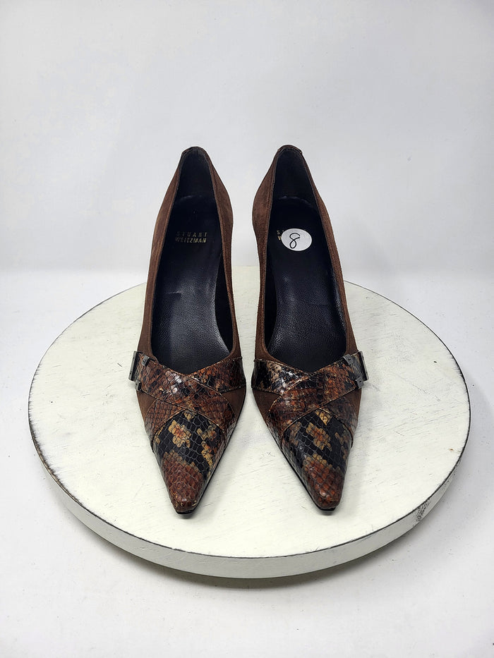Stuart Weitzman Size 8N Brown Suede Snake Pumps