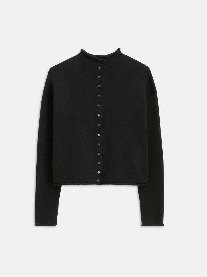 The Taylor Cardigan in Cotton Cashmere, a black women's cardigan with long sleeves, high neckline, and small round buttons, is displayed on a plain white background.