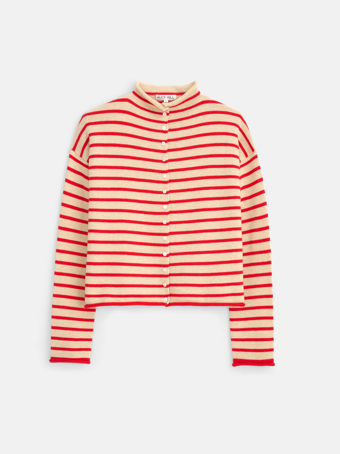 The Taylor Striped Cardigan in Cotton Cashmere features a beige button-up design with horizontal red stripes, long sleeves, and a round neckline. Laid flat on a white background, this luxurious knitwear piece perfectly blends timeless elegance with modern comfort.
