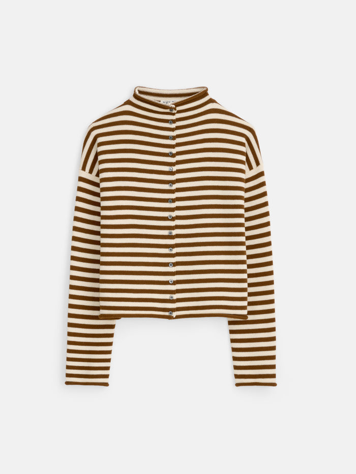 The Taylor Striped Cardigan in Cotton Cashmere is a cropped, oversized, long-sleeve button-up with horizontal brown and white stripes, a high collar, and Troca shell buttons.