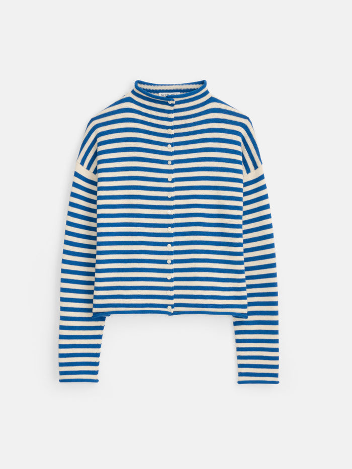 The Taylor Striped Cardigan in Cotton Cashmere features blue and white horizontal stripes, long sleeves, white front buttons, and a short oversized boxy fit for a luxe knitwear look.