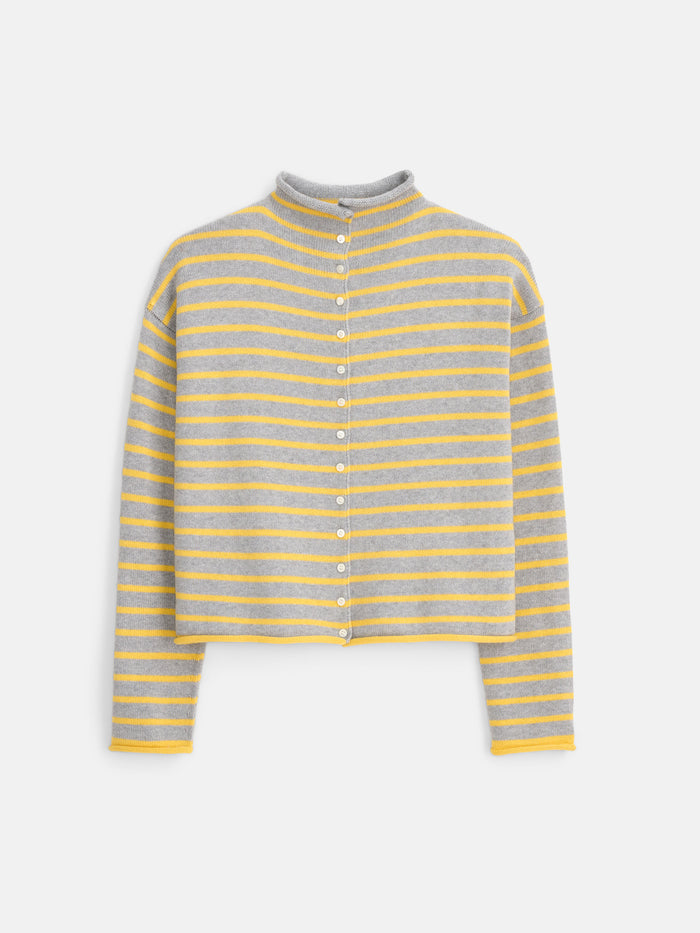 The Taylor Striped Cardigan in Cotton Cashmere is a long-sleeve, button-up luxury knitwear piece with horizontal yellow and gray stripes, a round neckline, and white buttons, shown laid flat on a white background.