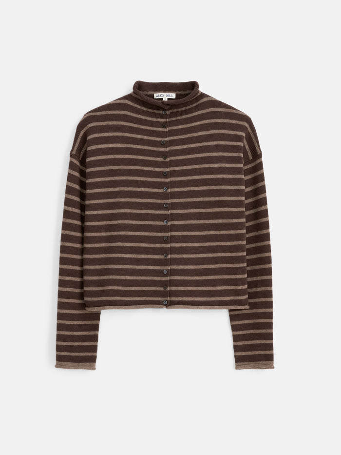 The Taylor Striped Cardigan in Cotton Cashmere features brown and beige horizontal stripes, a high neck, and Troca shell buttons down the front. This cozy long-sleeve cardigan is crafted from a soft cotton cashmere blend and is showcased against a white background.