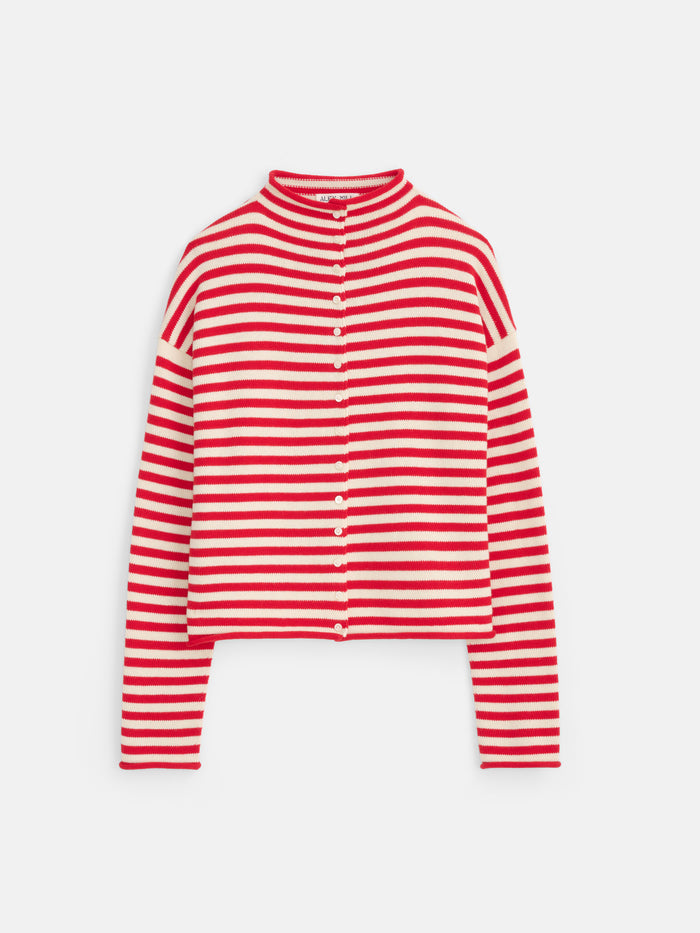 The Taylor Striped Cardigan in Cotton Cashmere features long sleeves, a button-up front, red and white horizontal stripes, a round neckline, cropped hem, and Troca shell buttons for an elevated look.