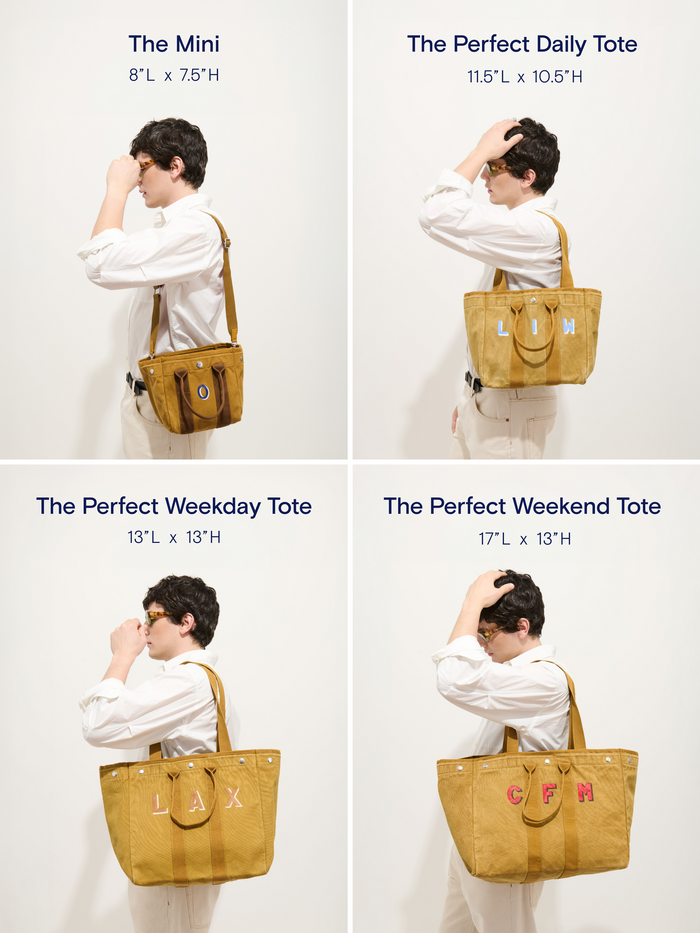 Four Alex Mill Tote bags are shown: the Mini (8"L x 7.5"H), the Perfect Daily Tote (11.5"L x 10.5"H), the Perfect Weekday Tote (13"L x 13"H), and The Perfect Weekend Tote (17"L x 13"H), which can be monogrammed.