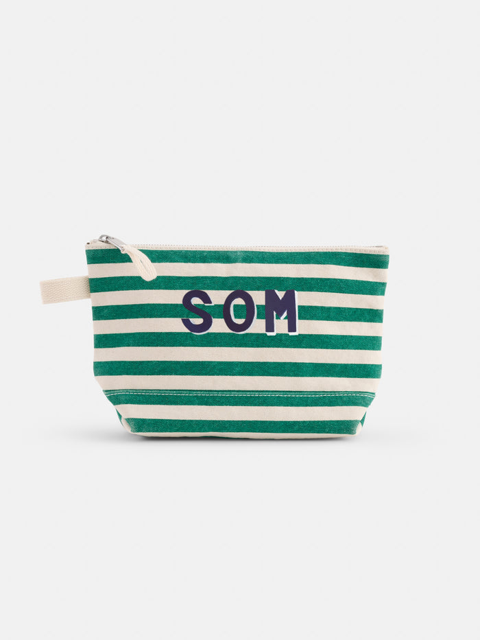The Perfect Canvas Pouch in Stripe is a zippered makeup bag with green and white stripes, dark blue SOM letters on the front, a white zipper, and a small fabric loop on the left side.