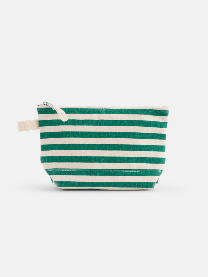 The Perfect Canvas Pouch in Stripe features green and off-white horizontal stripes, a white zipper, and a side fabric loop—ideal as a personalized pouch or stylish makeup bag. Set against a plain white background.