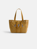 The Perfect Weekday Tote is a tan canvas cotton bag featuring two sturdy handles, button accents along the top edge, and blue and white stitched JFL initials on the front—making it an ideal choice for anyone who appreciates classic, monogrammable totes with a personalized touch.