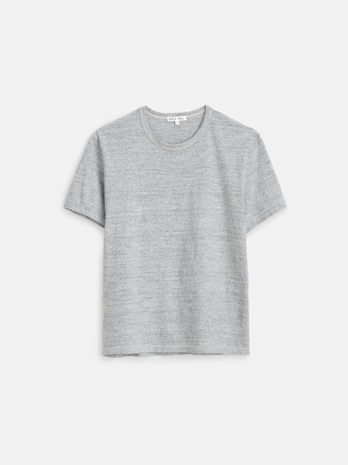 The Standard T-Shirt in Slub Cotton, a short-sleeve men’s tee in light gray made from breathable fabric, is laid flat on a white background.