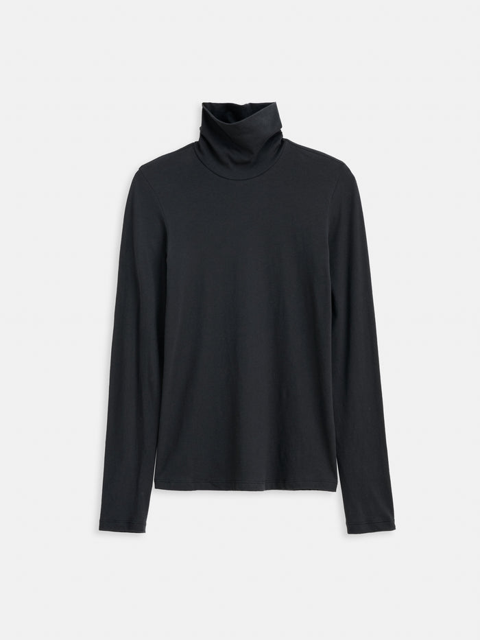 The Tissue Turtleneck In Cotton, a black long-sleeve turtleneck made from soft Pima cotton, is displayed flat on a white background—ideal as a lightweight layering tee.