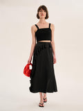 Udita Ruffle Detail Midi Satin Skirt in Black