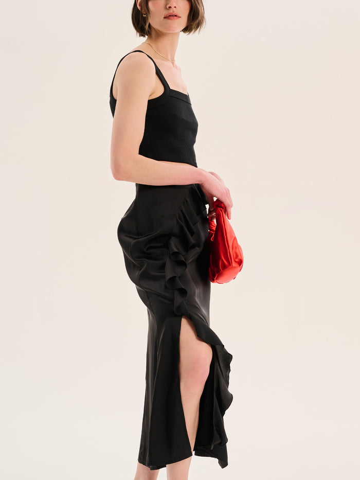 Udita Ruffle Detail Midi Satin Skirt in Black