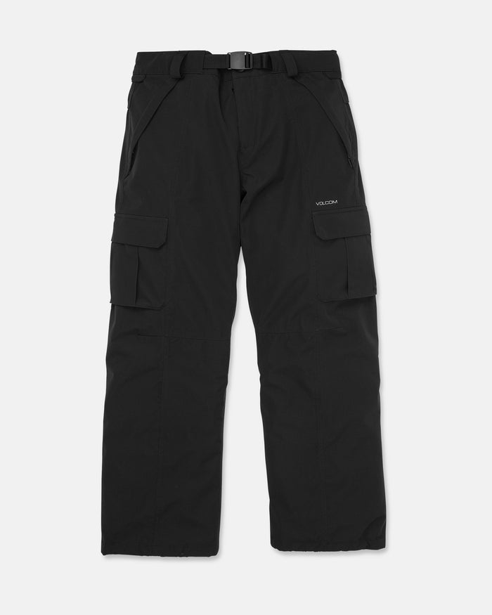 Unisex Liftline 20K Pants by Volcom in black, crafted from recycled fabric, featuring multiple pockets, belt loops, and a buckle closure. The pants are laid flat on a white background with the Volcom logo on the upper left thigh.