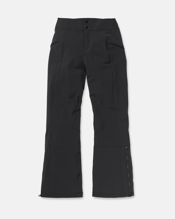 Volcom Women’s Alpine All Day Insulated Pants—black snow pants for women featuring a high-rise fit, front pockets, zippered flared cuffs, and a high waistband—are laid flat on a white background. These pants offer warmth and sustainability thanks to recycled insulation.