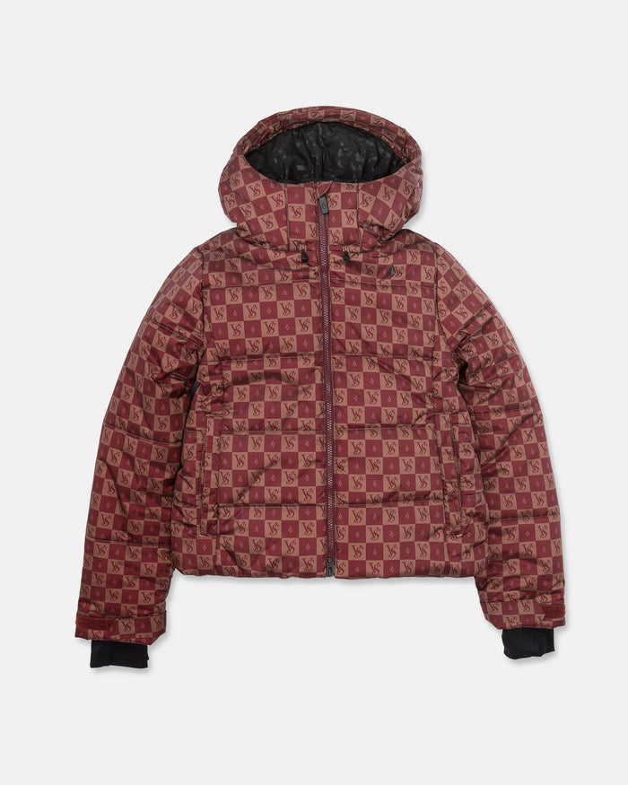 The Volcom Women’s Avalon Puff Jacket in red and brown checkered print features an all-over repeating VS logo pattern and a cozy hood. Crafted with recycled insulation for enhanced warmth and sustainability, this winter jacket includes a front zipper, two pockets, and black fabric accents at the sleeves.