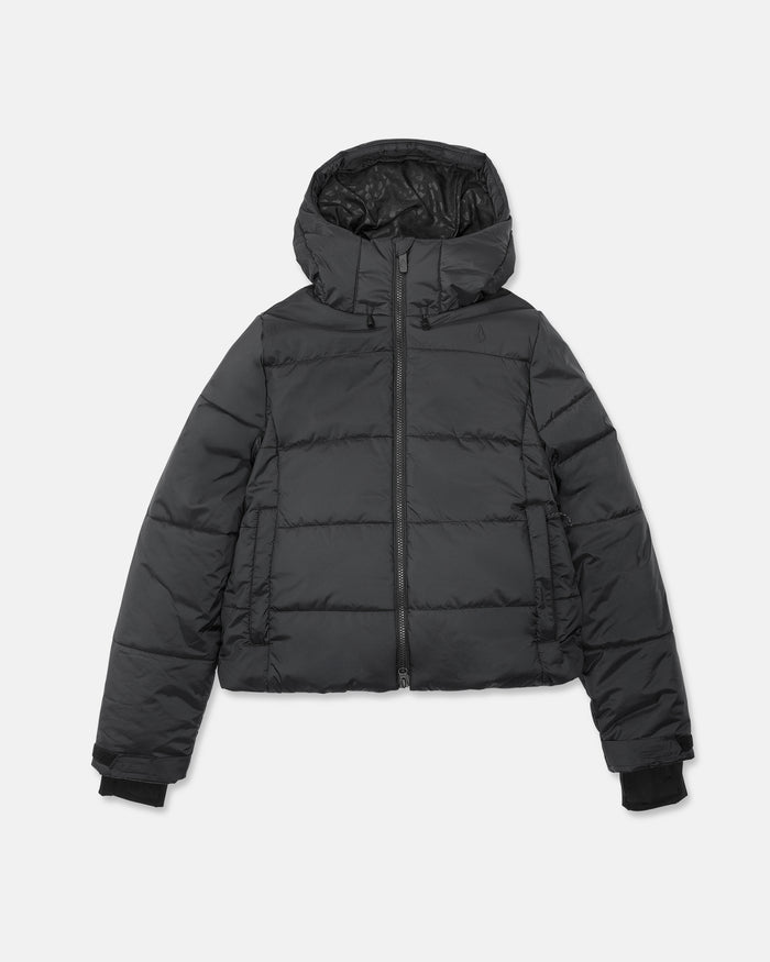 A black Volcom Women’s Avalon Puff Jacket, featuring a hood, recycled insulation, front zipper closure, two side pockets, and ribbed cuffs, is laid flat on a white background. This eco-friendly puffer provides cozy warmth and sustainable style.