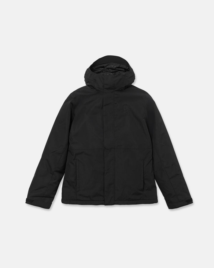 The Volcom Women’s Bolt Insulated Jacket is a black winter jacket with a hood and long sleeves, featuring Zip Tech for added protection, a front zipper concealed by a flap, and two side pockets. It is displayed on a plain white background.