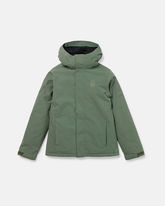 A green Volcom Women’s Bolt Insulated Jacket is laid flat on a white background, crafted with V-Science 2-Layer technology for enhanced protection. This hooded winter jacket features recycled insulation for warmth, a front zipper, two large pockets, and adjustable cuffs.