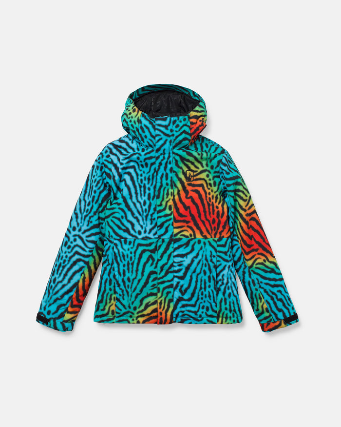 The Volcom Women’s Bolt Insulated Jacket offers cozy protection against the cold with its waterproof design and attached hood. Featuring a vibrant zebra stripe pattern in blue, green, yellow, orange, and red on a white background, this stylish winter jacket adds a bold pop of color to your wardrobe.