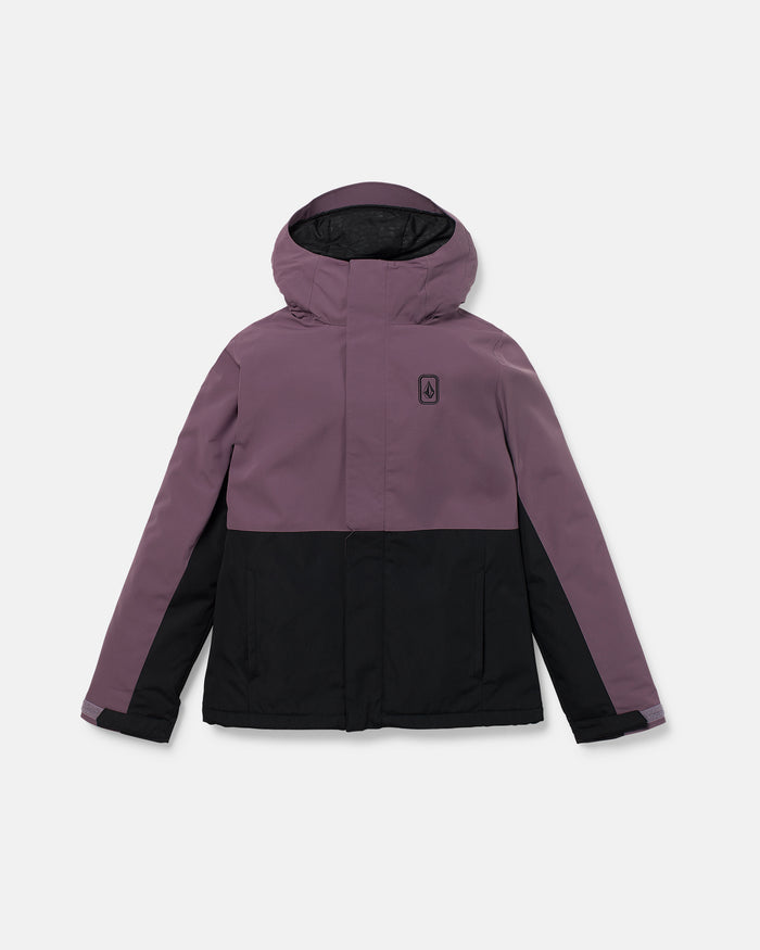 Introducing the Volcom Women’s Bolt Insulated Jacket—a two-tone winter jacket designed for recycled warmth, featuring a purple upper and black lower half. This waterproof jacket includes a hood, a front zipper with flap coverage, and two front pockets.