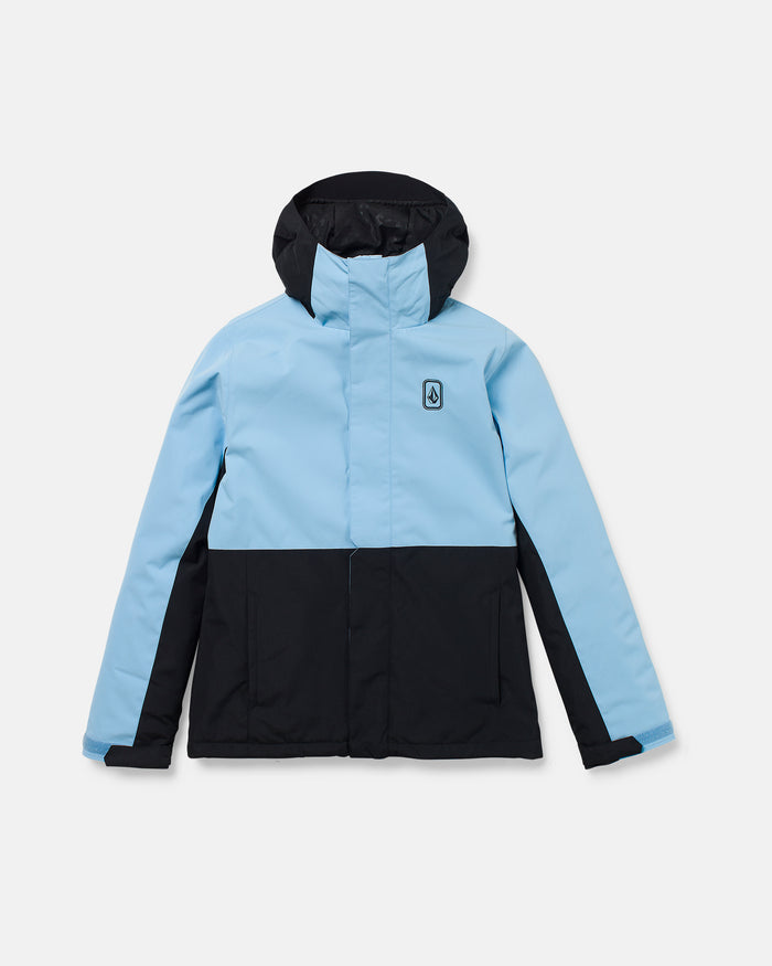 The Volcom Women’s Bolt Insulated Jacket is a two-tone design featuring a light blue top half and black bottom half, with a hood, front zipper, and a small logo on the left chest. Crafted from recycled materials for warmth and durability, this waterproof jacket is shown on a plain white background.