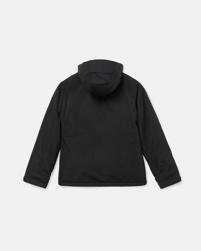The Volcom Women’s Bolt Insulated Jacket in black is displayed laid flat, back facing up, against a plain white background. This jacket features long sleeves, a relaxed fit with a horizontal seam across the lower back, and incorporates Zip Tech for enhanced functionality.