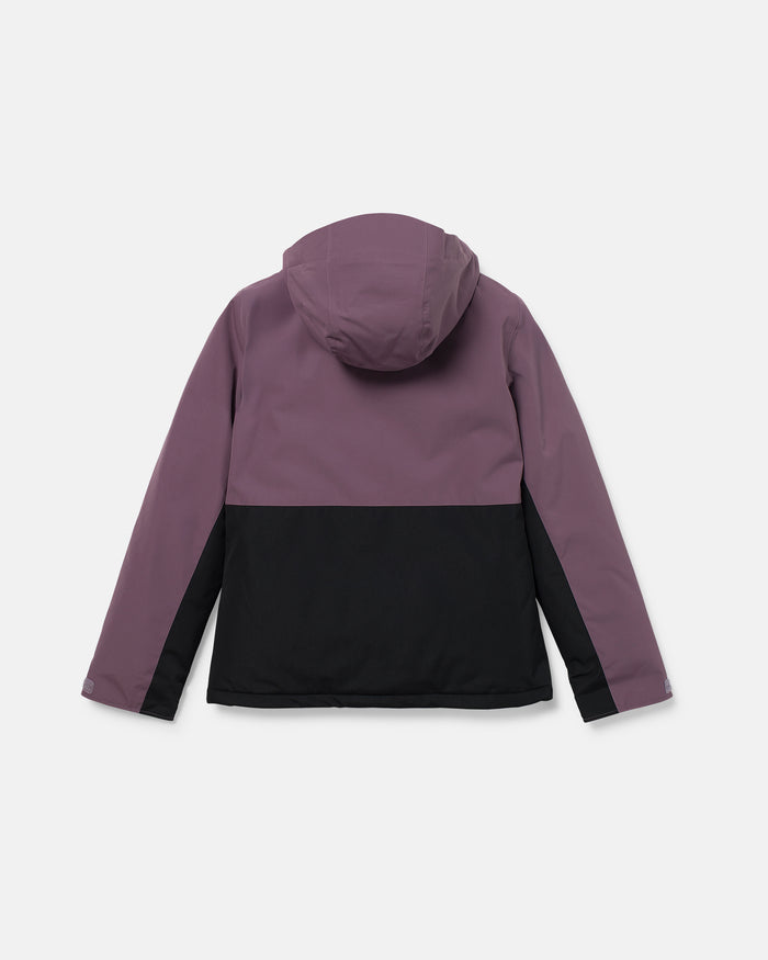 The Volcom Women’s Bolt Insulated Jacket is shown laid flat with the back facing up, highlighting its two-tone design with a purple upper half and black lower half, complete with a hood, against a white background.